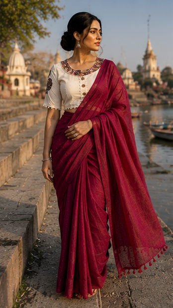 Woman in a red saree standing by a body of water with historical architecture in the background