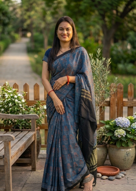 Neel Ajrakh Modal Silk Saree