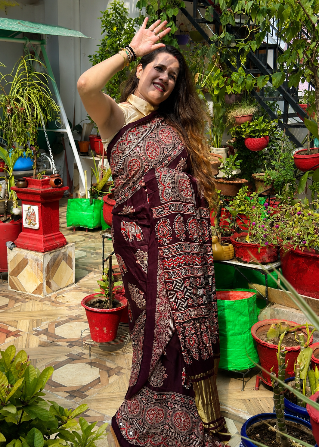 Ruhani Pure Gajji Silk Ajrakh Saree with Mirror Work & Lakdi Pattu Border