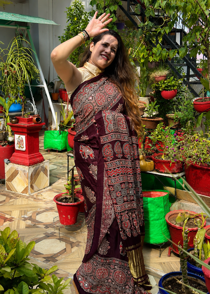 Ruhani Pure Gajji Silk Ajrakh Saree with Mirror Work & Lakdi Pattu Border