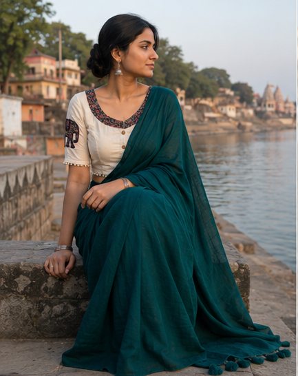 Rama Green Fancy Khadi Cotton Saree with Khadi Cotton Blouse