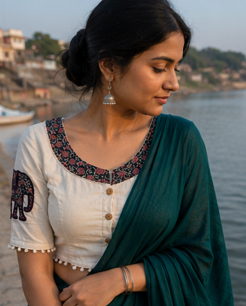 Rama Green Fancy Khadi Cotton Saree with Khadi Cotton Blouse