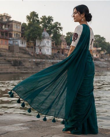 Rama Green Fancy Khadi Cotton Saree with Khadi Cotton Blouse