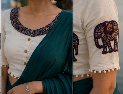 Rama Green Fancy Khadi Cotton Saree with Khadi Cotton Blouse