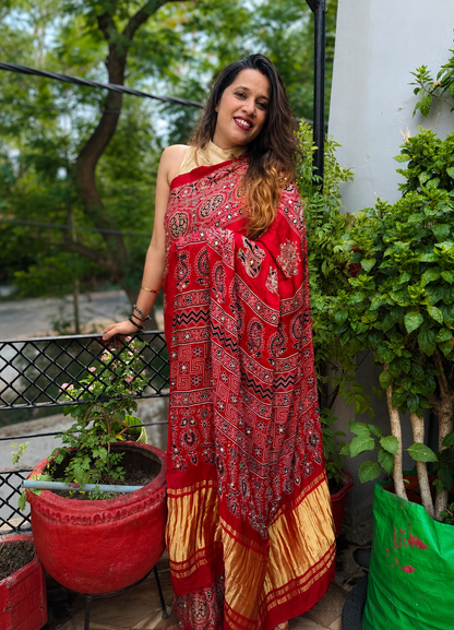 Ruhani Pure Gajji Silk Ajrakh Saree with Mirror Work & Lakdi Pattu Border
