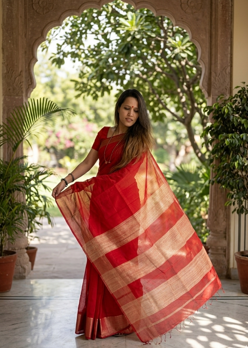 Woman in a red saree standing in a decorative archway with plants around.