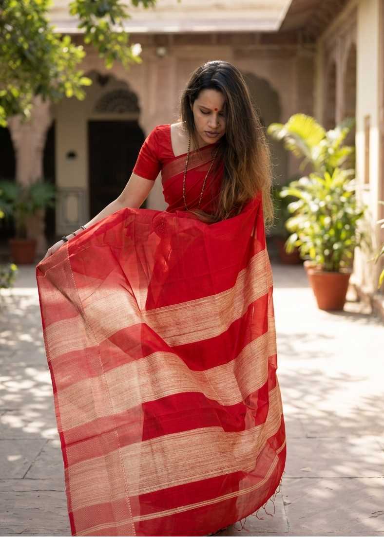 Woman in a red saree standing outdoors with plants and a building in the background