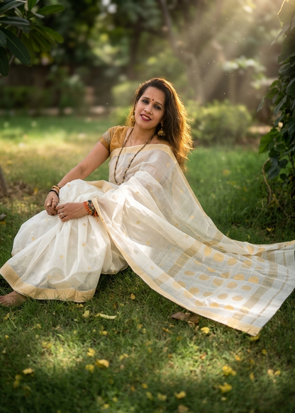 White Maheshwari Saree with Gold Motifs