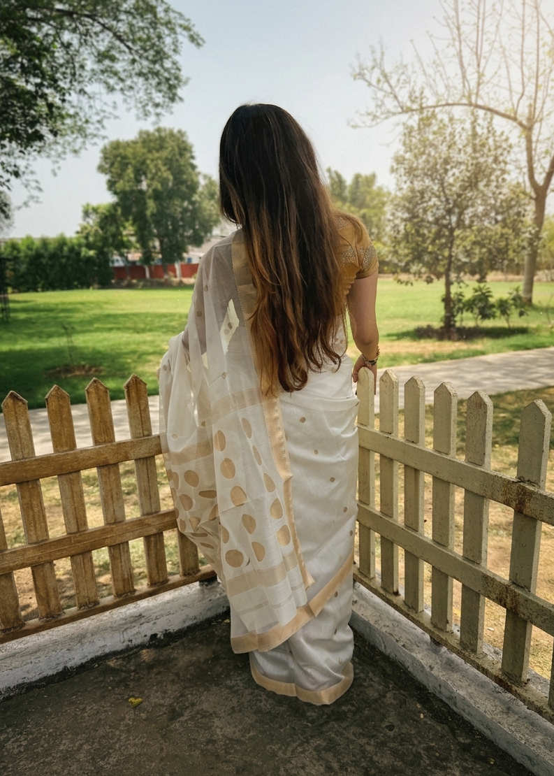 Woman in a white saree with gold patterns standing near a wooden fence with a garden view.