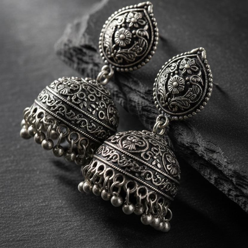 Ornate silver earrings on a dark stone surface