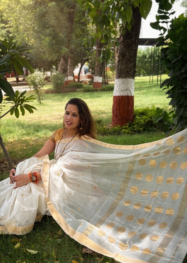 Woman in a white saree with gold patterns sitting on grass outdoors.