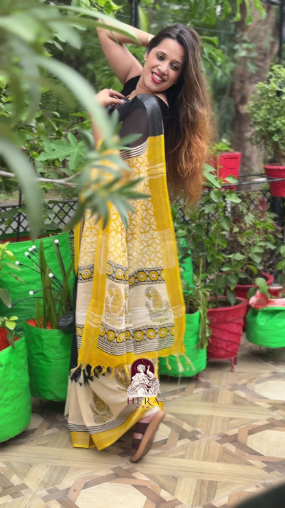 Sunlit Kesar – Pure Linen Hand Block Print Saree